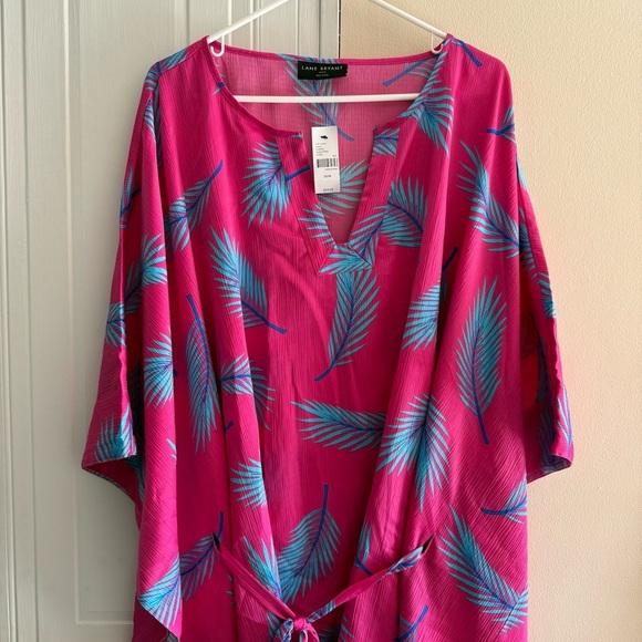 Pink and Blue Leaf Print Relaxed Split-Neck Kimono Top Lane Bryant 22/24 NWT - Picture 2 of 8